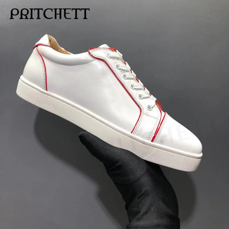 Colorblock Leather Casual Shoes White and Red Round Toe Lace-Up Shoes for Men and Women Fashionable and Comfortable Shoes