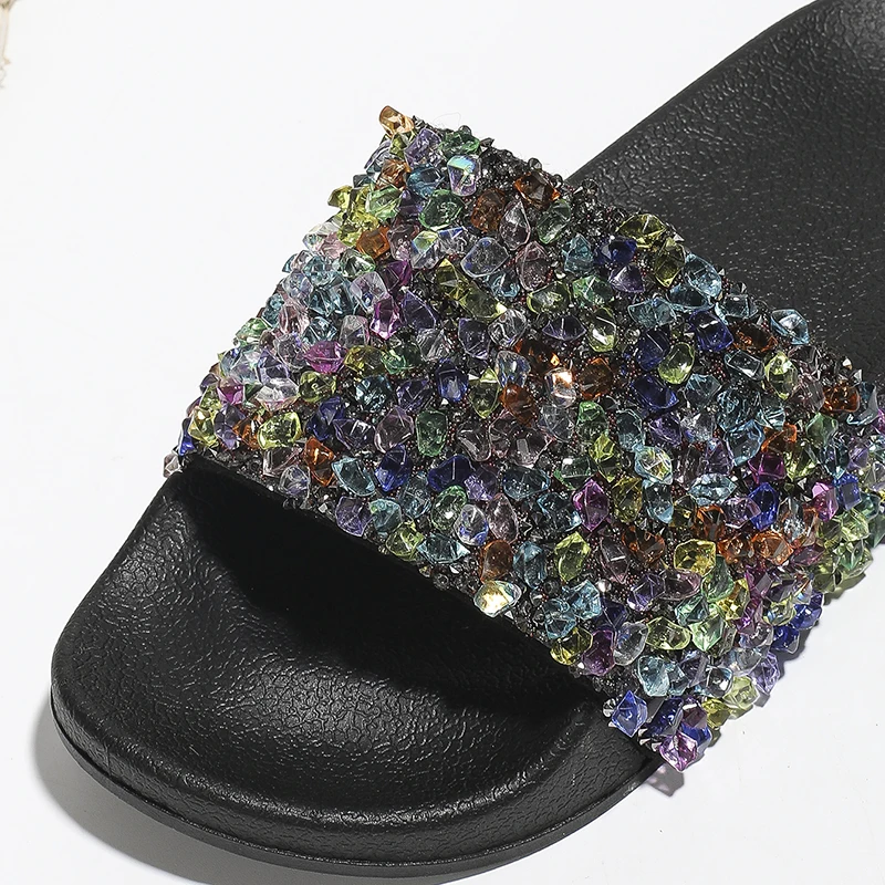 Flat Beach Shoes Niche Design Sequined Simple Flat Slippers Casual Crystal Slides Female Shoes