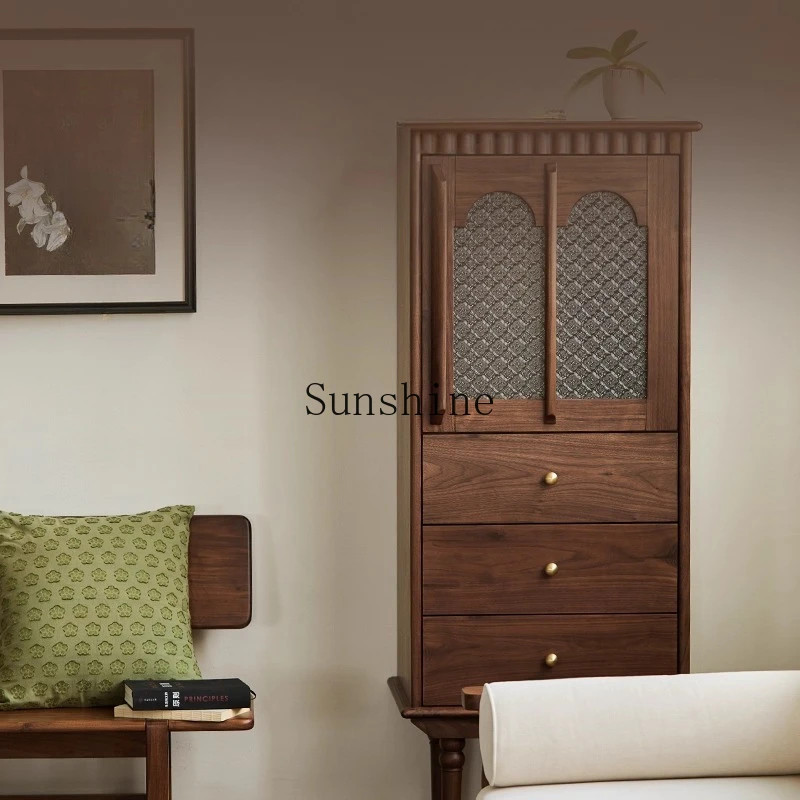 

French retro glass door display log living room dining side against the wall wine cabinet