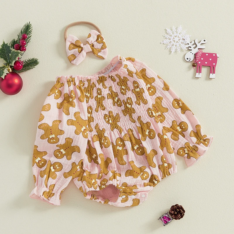 Baby Girl's Long Sleeve Gingerbread Print Smocked Bodysuit com Headband Set, roupas de Natal, roupas infantis, 2 peças