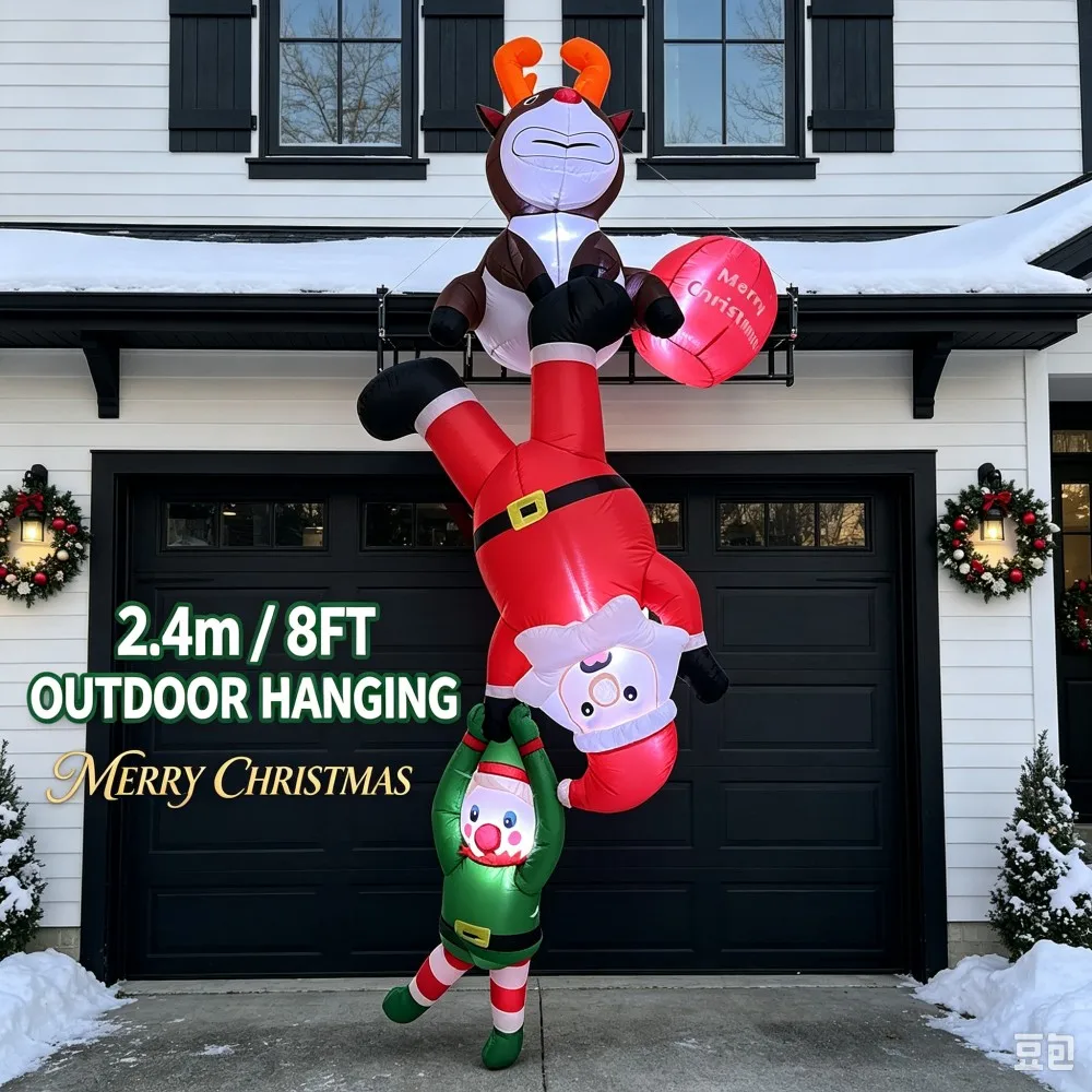 7.9FT/2.4M Hanging Inflatable Climbing Santa Reindeer & Elf, With LED Lights For Christmas Porch Yard Window Holiday Decoration