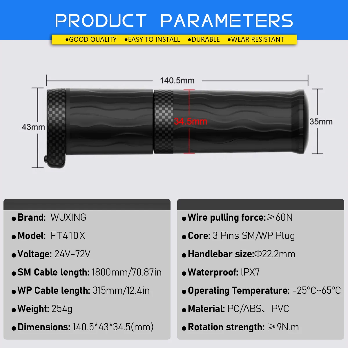 

WUXING FT410X Full Twist Throttle Electric Bicycle Right Handle Throttle Waterproof/SM Connector for E Bikes or Electric Scooter