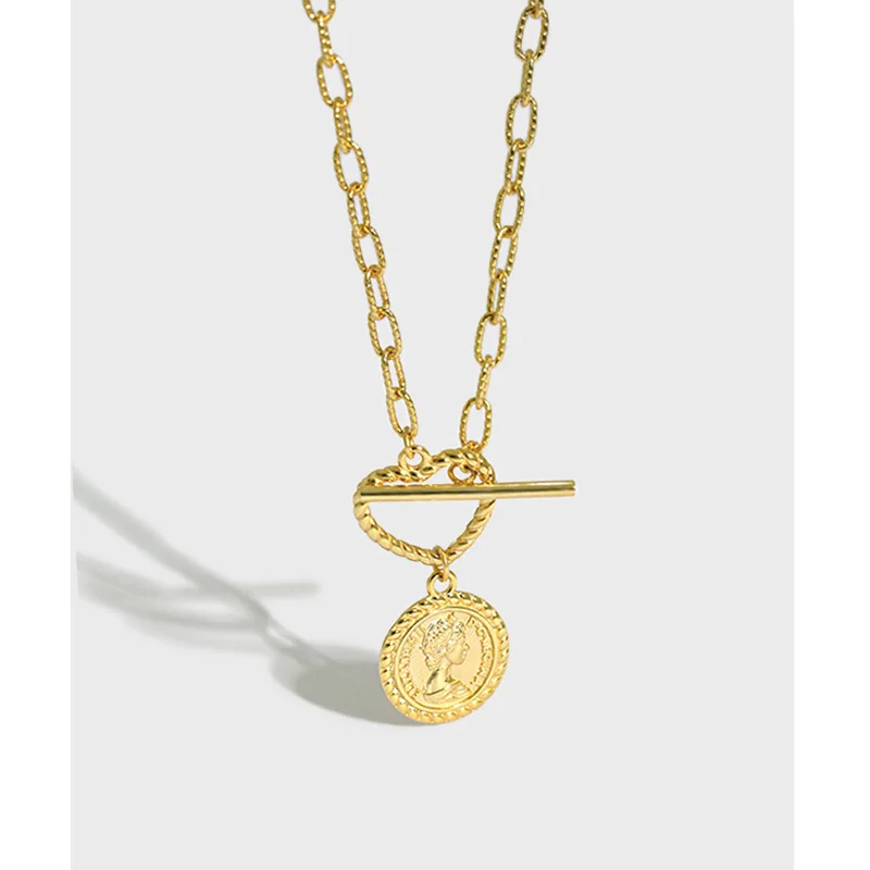 

Retro Elizabeth people like gold coin round brand OT buckle S925 sterling silver necklace women