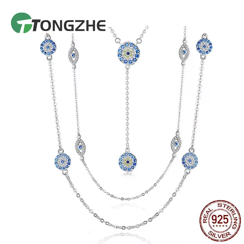 

TONGZHE стерлингового серебра 925, ожерелье, серьги, женские круглые серьги с кольцом на удачу, сглаза, ожерелья с синим цирконом, длинное звено, турецкий комплект ювелирных изделий
