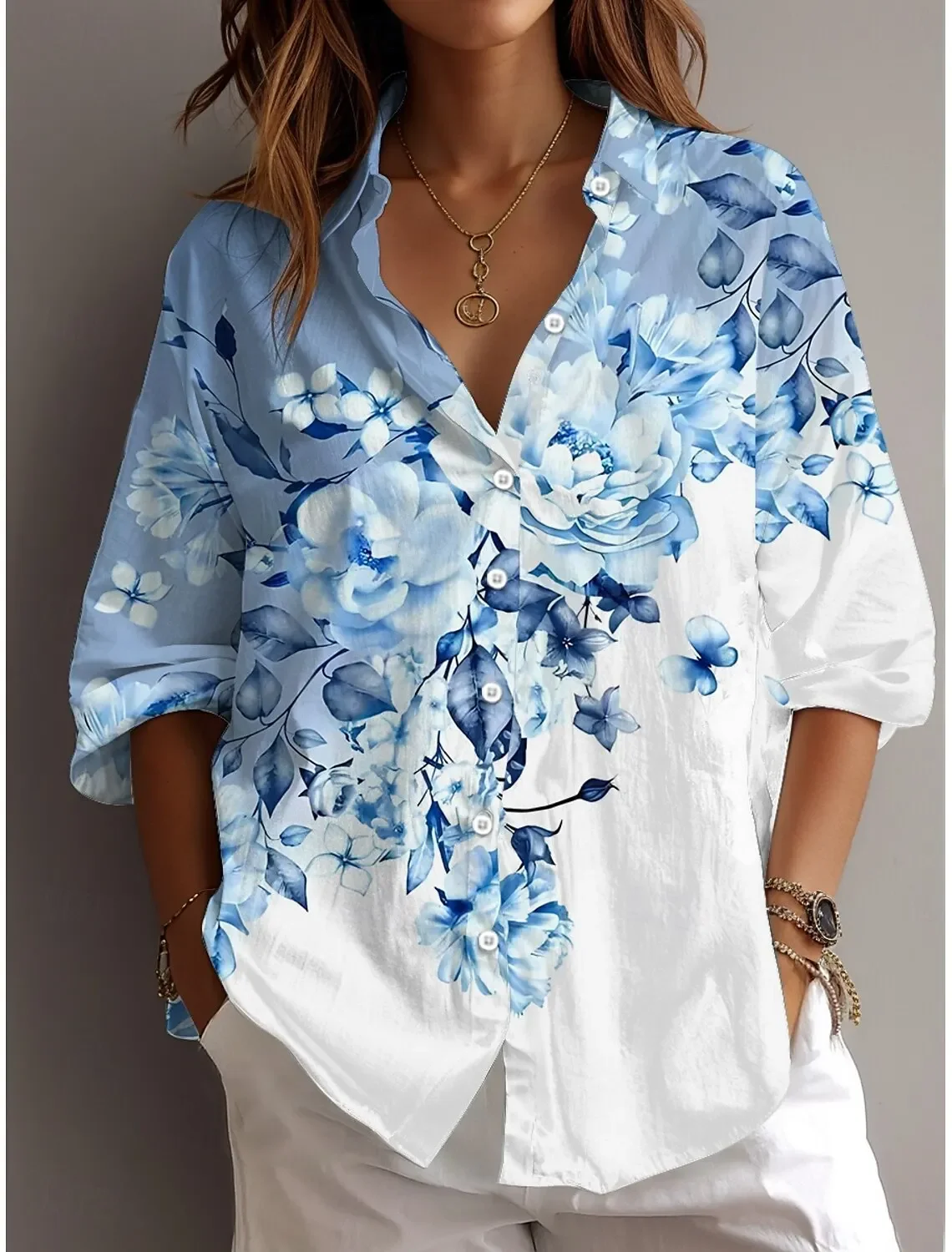 2023 Lente Herfst Dames Shirt Bloemen Grafische Blouse Revers Hals Blouse Vrouwen Lange Mouwen Dames Tops Vrouwelijke Kleding