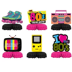 6Pcs 80's Honeycomb Ornaments Retro Themed Disco Radio Skates CD Centerpieces 3D Card Table Topper Birthday Party Favor Decor