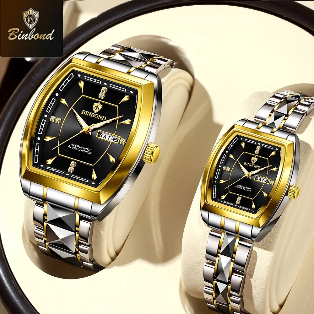 BINBOND 2pcs/Set Square Couple for Watch Fashion Stainless Men Ladies Quartz Watch Lover Waterproof Date Week Luminous Watch