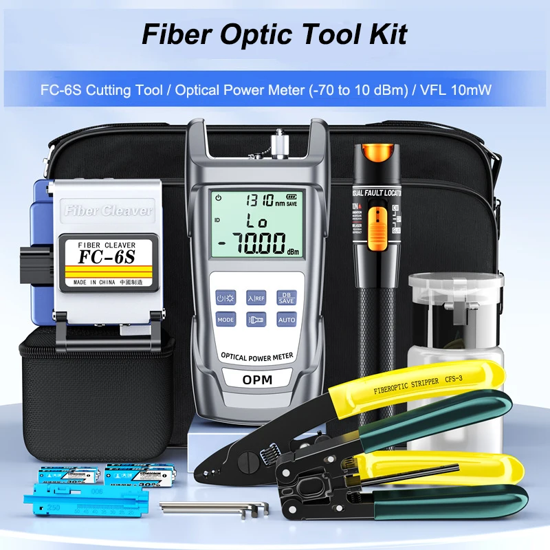 FTTH Fiber Optic Tool Kit with -70~+10dBm Optical Power Meter 10MW Visual Fault Locator FC-6S Fiber Optic Equipment