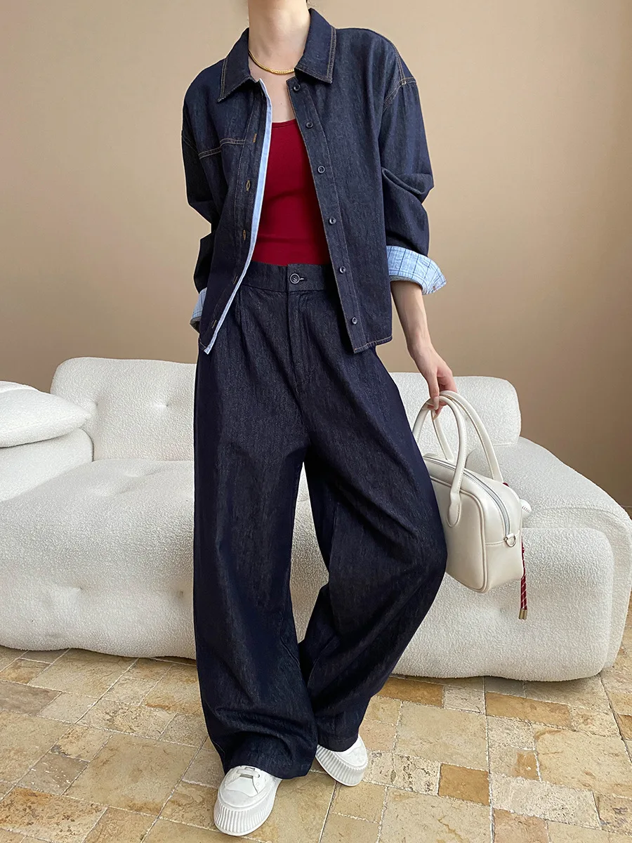 

2025 модный уличный стиль, осенний женский костюм, клетчатая джинсовая куртка, широкие брюки, комплект из двух предметов