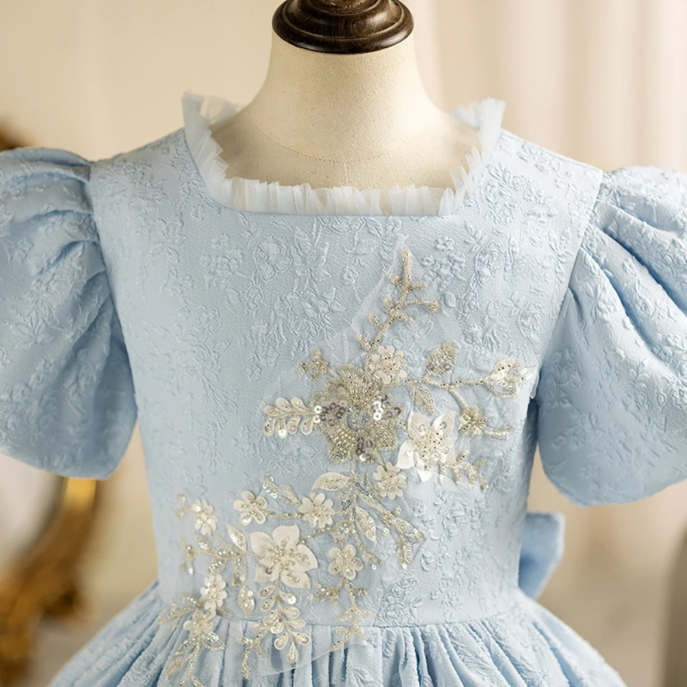 Vestido de princesa com lantejoulas e apliques de renda para crianças, performance escolar, requintado, azul, manga bufante, vestido de passarela personalizado