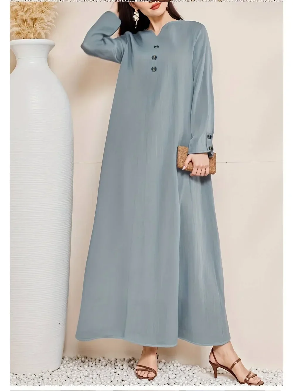 Eid Abito da donna Bottone autunnale Abaya Dubai Abiti musulmani Largos Abiti lunghi modesti Abito arabo Party Caftano Jalabiya Ramadan