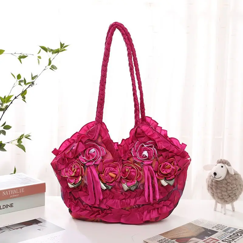 Large Capacity Women Shoulder Bag New Women Handbag Three-Dimensional Flower Bag Han Chinese Clothing Bag Silk Cloth Bag