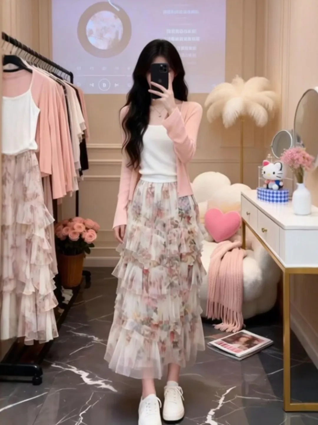 

Sweet Floral Tee-Piece Set Cardigan Vest High Waist Skirt Comfortable Warm Spring Faion Women's Clothing Ensemble