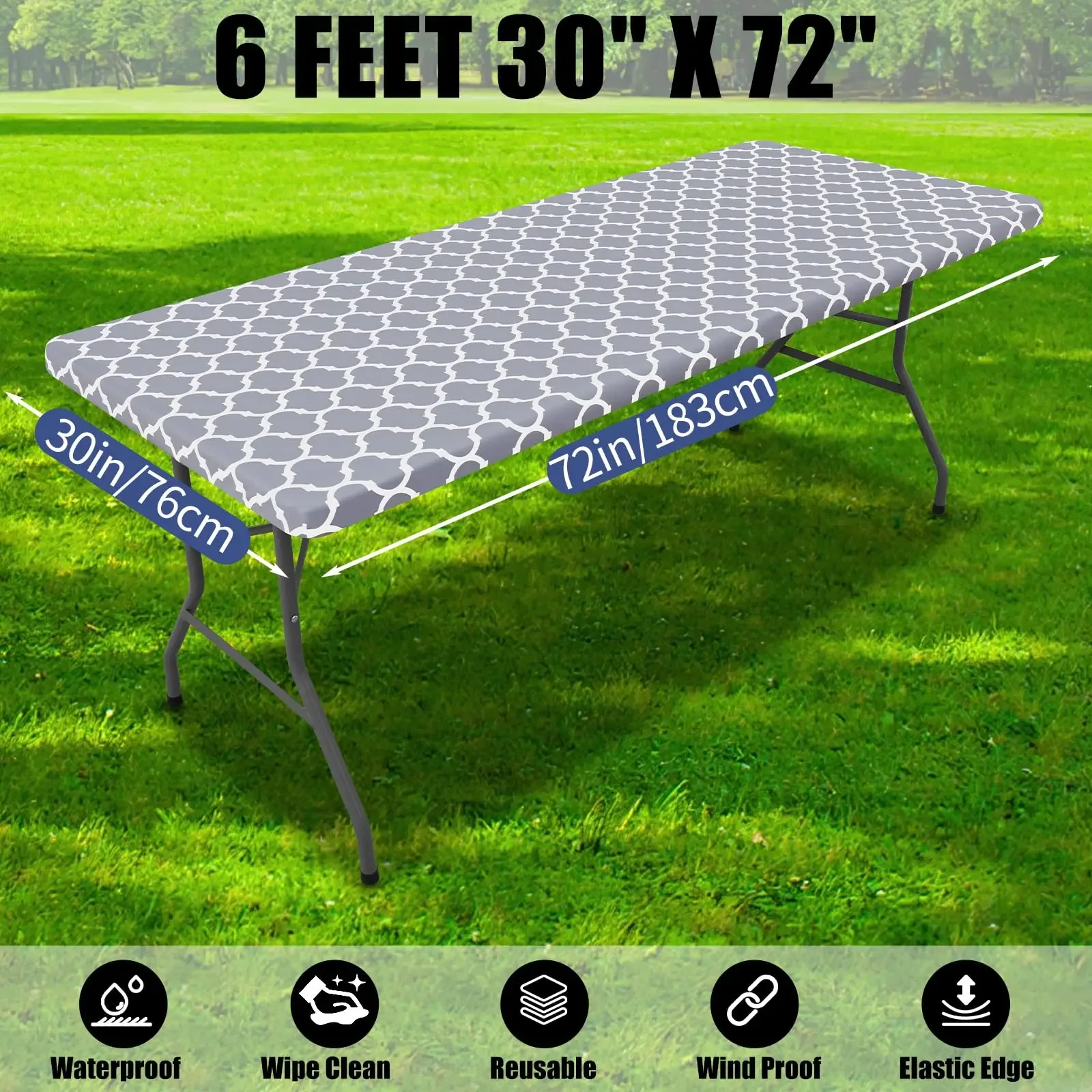 

6ft Elastic Waterproof Rectangle Table Cover, Polyester Camping Tablecloth, Snug Fit & Anti-Slip Design