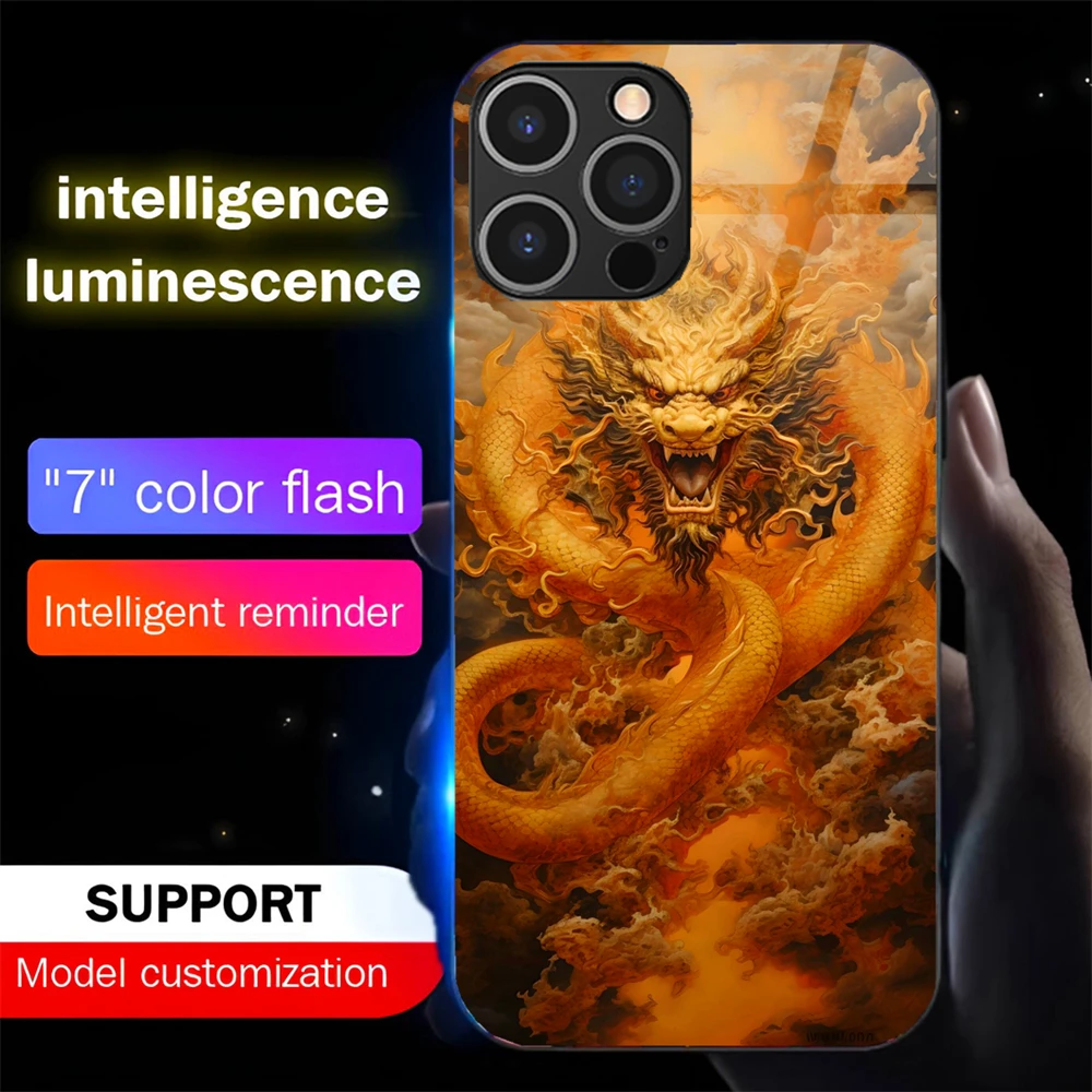 

Cool Dragon Painting Led Light Phone Case Call Flash Glitter Cover For iPhone 16 15 14 13 12 11 Pro Max XR XS Plus