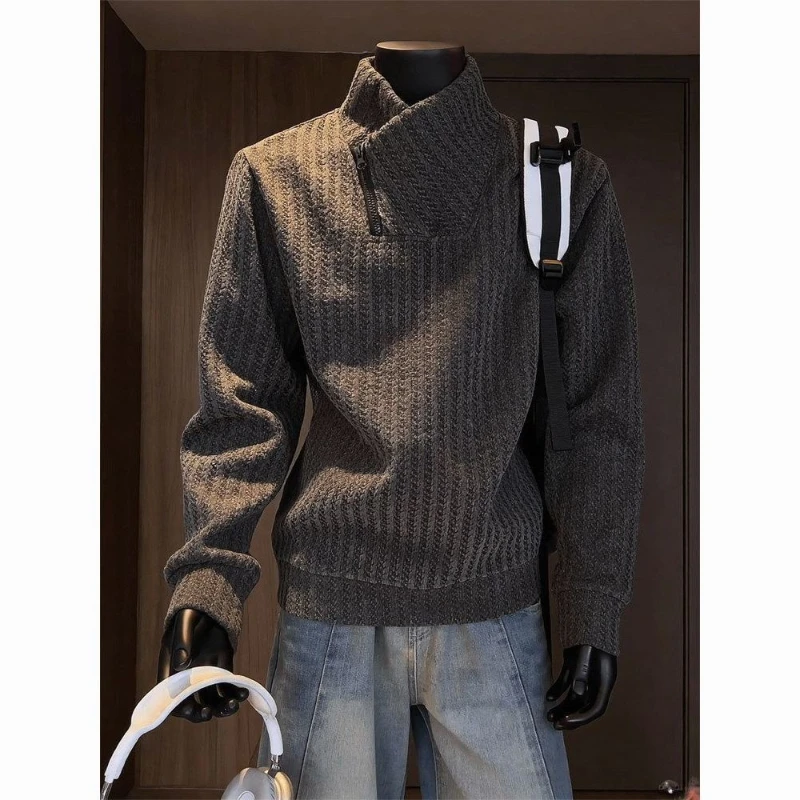 Retro Diagonal Zipper Hoodie Men's Autumn Stand Collar Long Sleeved Versatile Top