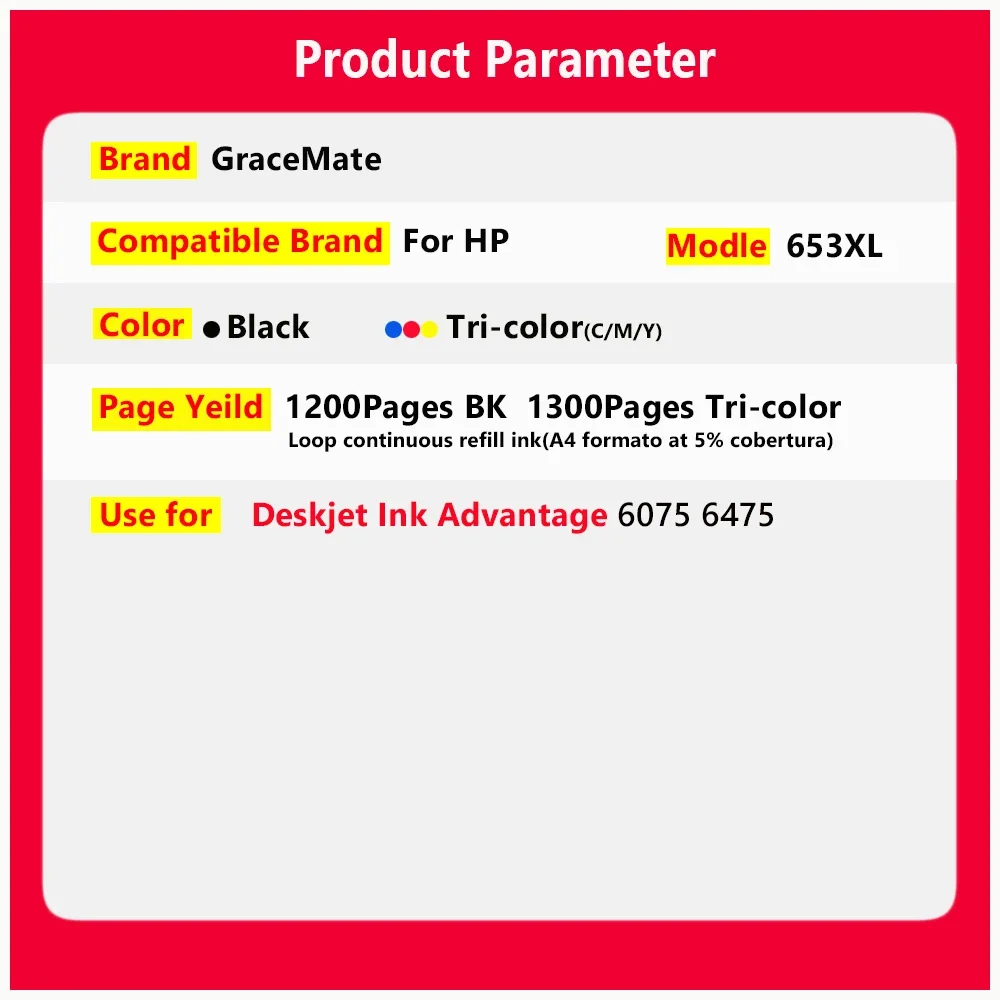 GraceMate 653XL Replacement for Hp 653 XL Hp653 Ink Cartridge for HP Deskjet Plus Ink Advantage 6075 6475 Inkjet Printer