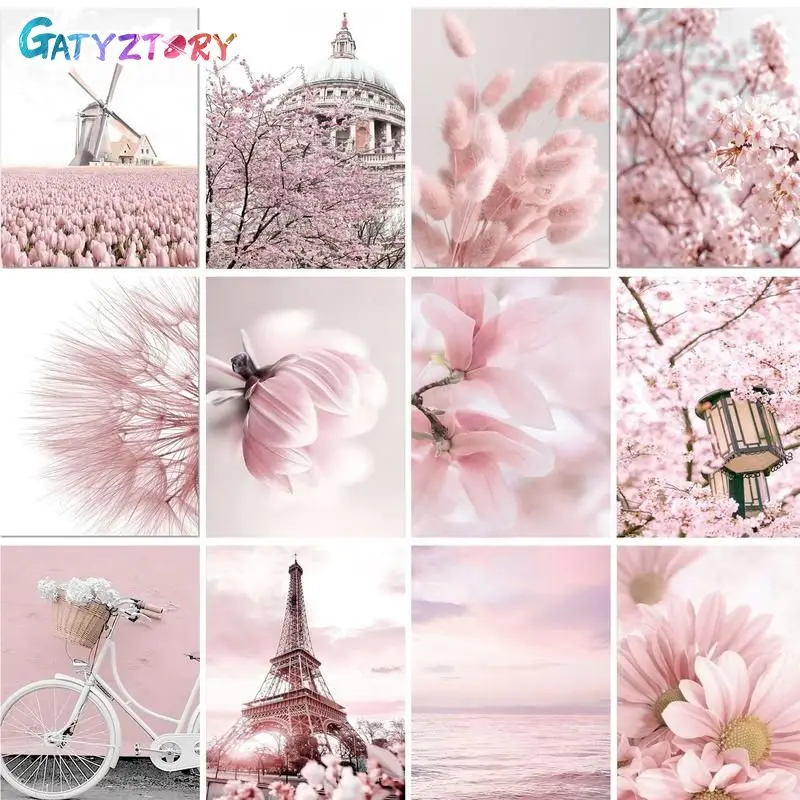 

GATYZTORY Coloring By Number Flower Kits Painting By Number Pink Landscape Diy Frame Modern Drawing On Canvas For Living Room