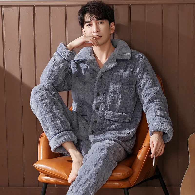 Plus Size M-4XL Men Pajamas Set Winter Thick Warm Flannel Pyjama Male Long Sleeve Turn-down Collar Solid Sleepwear