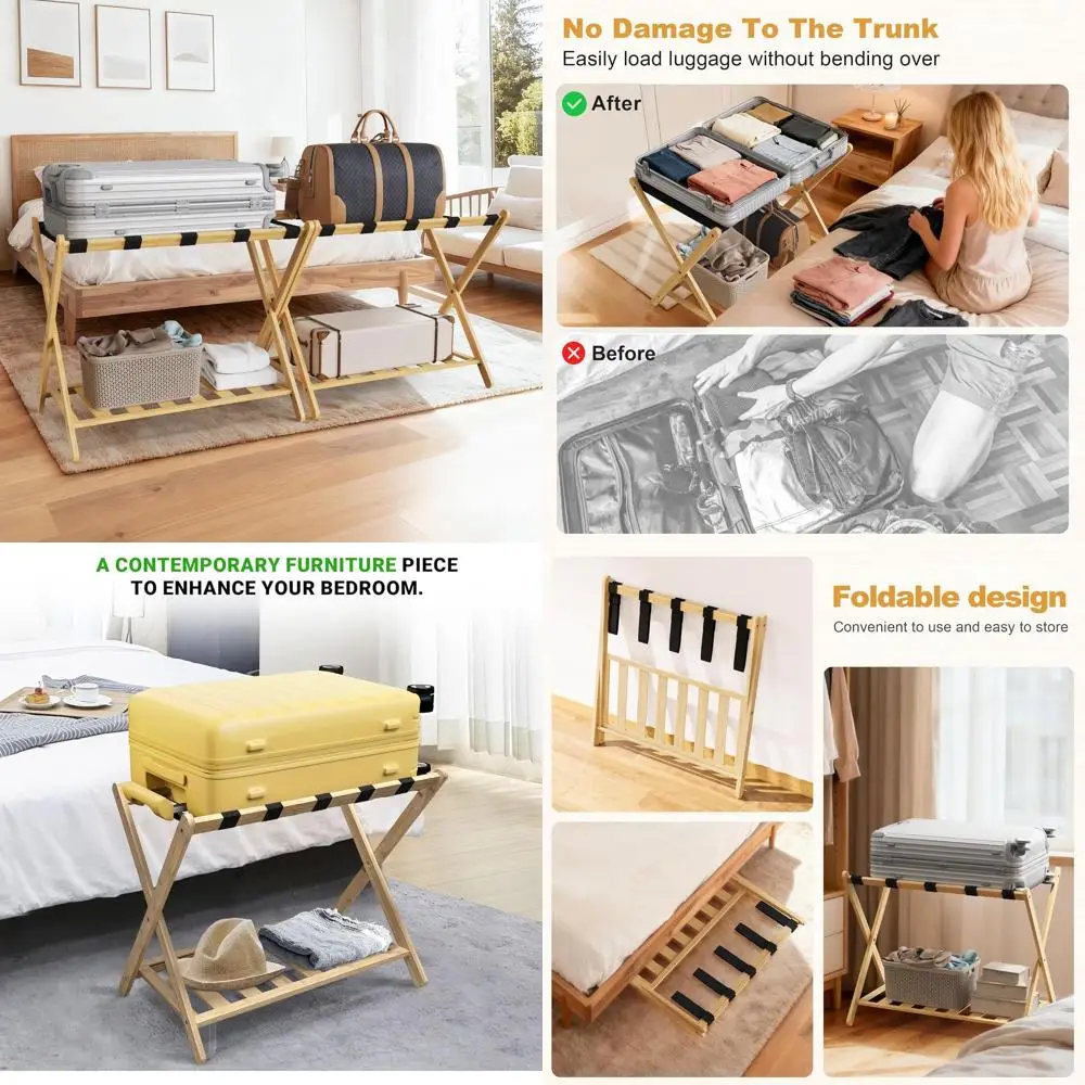 

Double Layer Bamboo Suitcase Rack, Foldable for Bedrooms and Hotels, Holds 150 lbs, Natural Finish, 2-Pack Assembly Required.