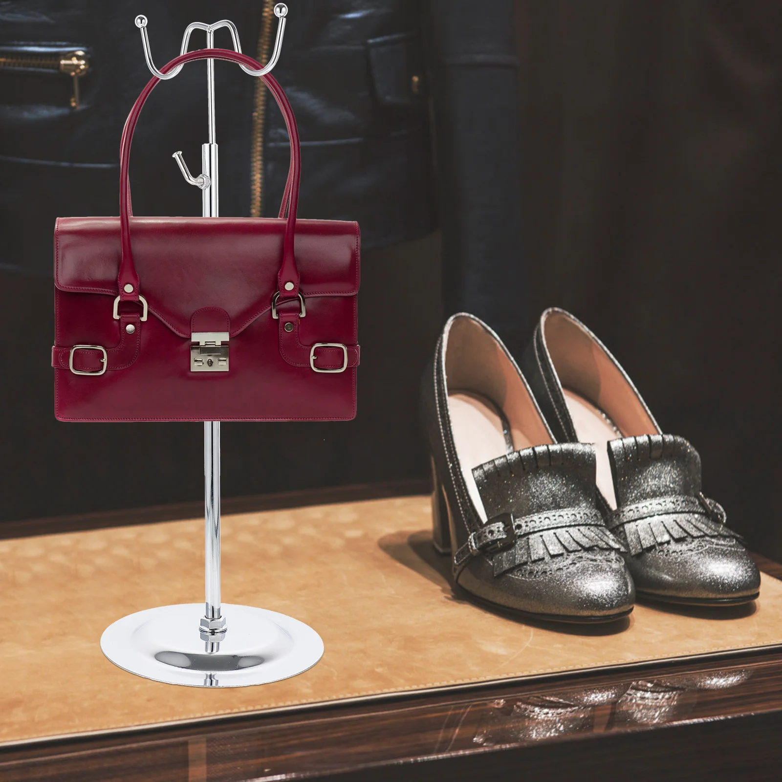 

Регулируемая высота, двойной крючок, подставка для сумок, стеллаж для хранения сумок из нержавеющей стали для розничных магазинов, стеллаж для выставки товаров сумок