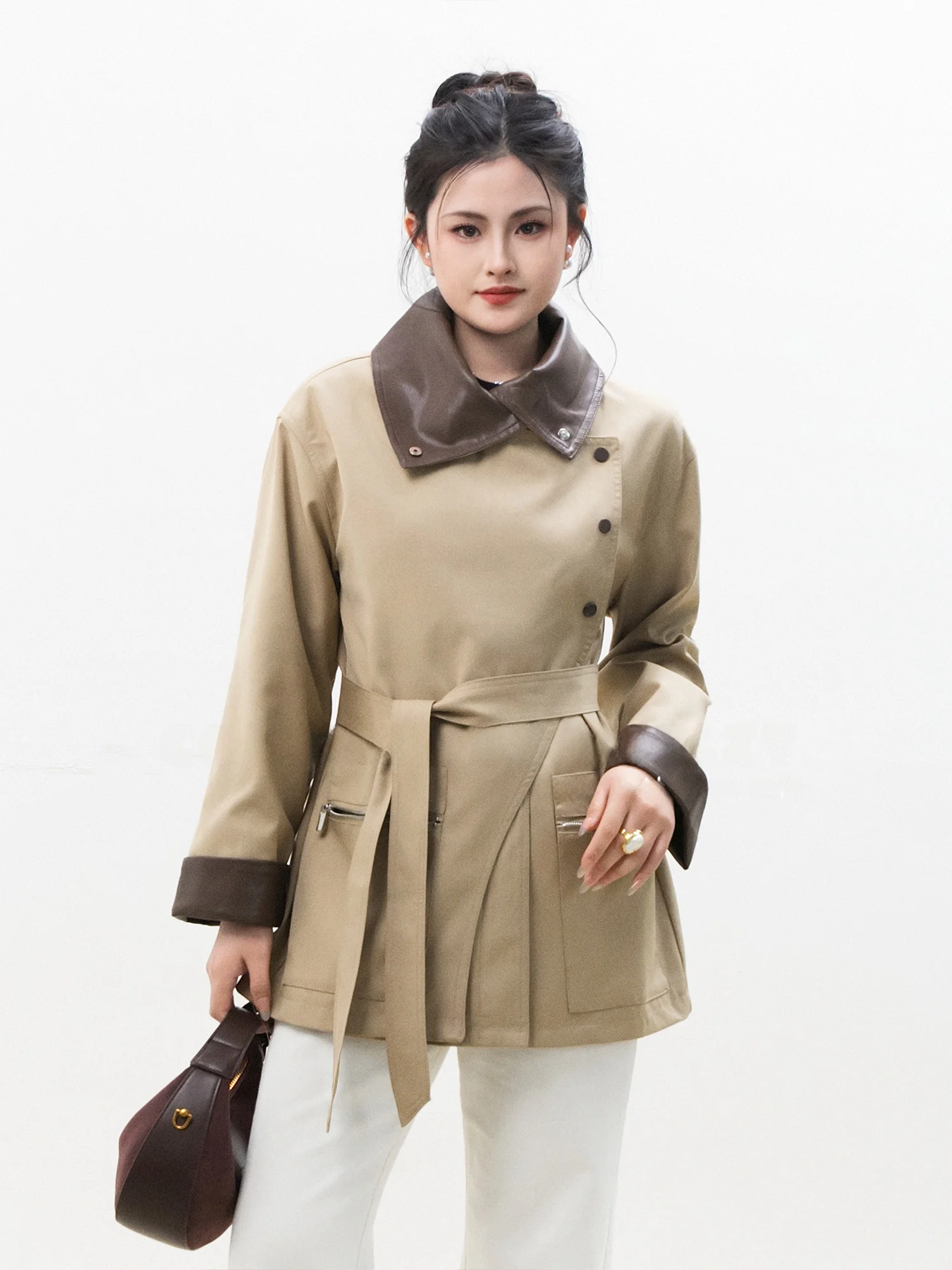 

Женская ветровка Chelzy Color Blo из искусственной кожи с воротником, дизайнерская, средней длины, с утяжкой на талии, в стиле рабочей одежды, элегантная