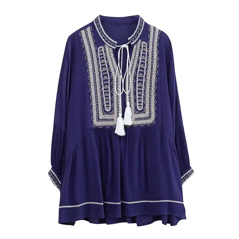 Femmes lin irt broderie ample rétro coton v-ne ort Sve Vintage Design littéraire printemps Faion haut pour femme