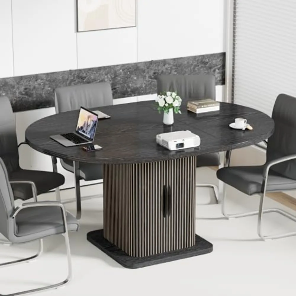 Extendable Black Round Conference Table for 4-8 People, 43-59Inch | Modern Oval Meeting Room Table with Storage, Fluted