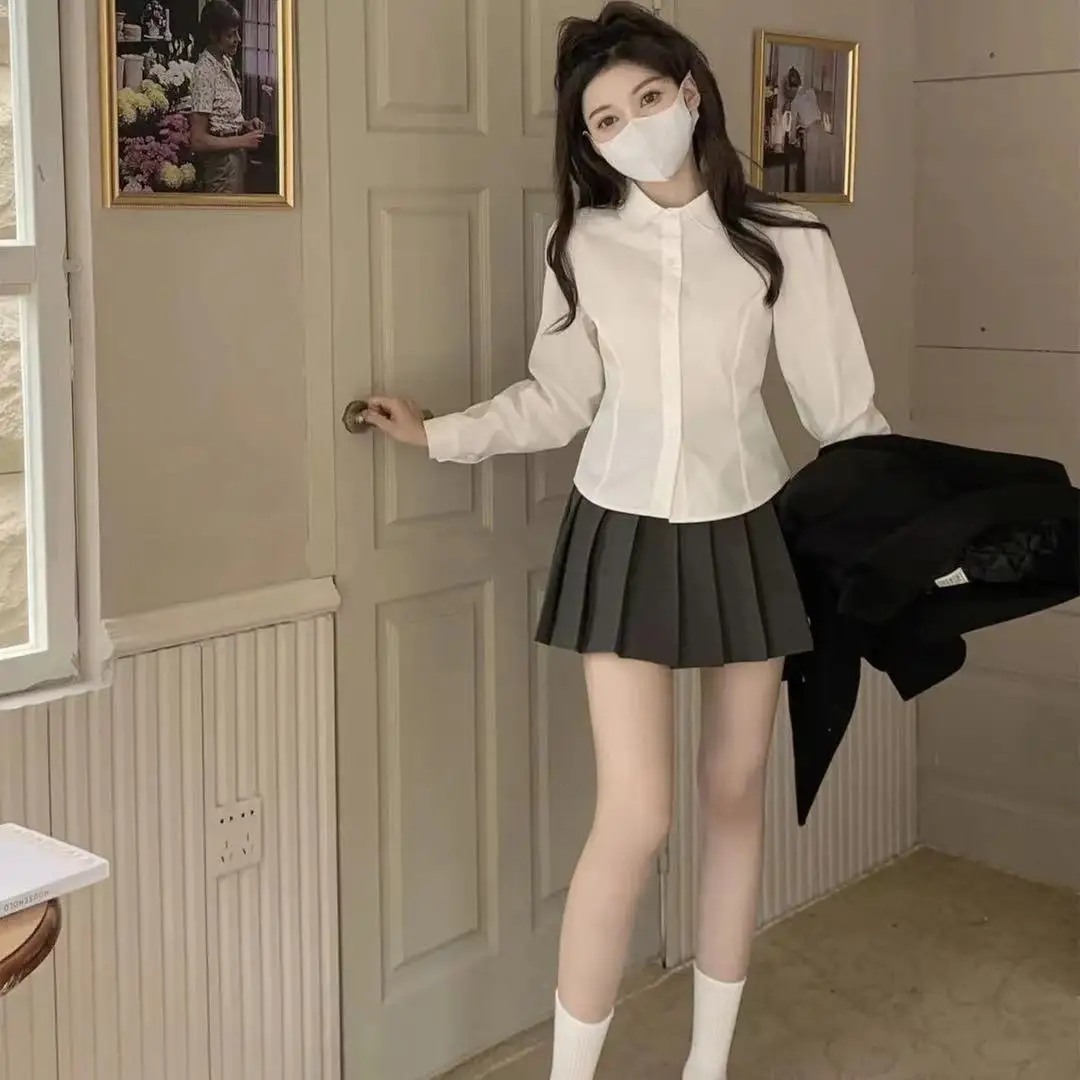 Preppy Bandage Basic White Shirt Women Slim Long Sleeve Cute Top School Button Down Tunic Shirts Blouse Female Casual Lady