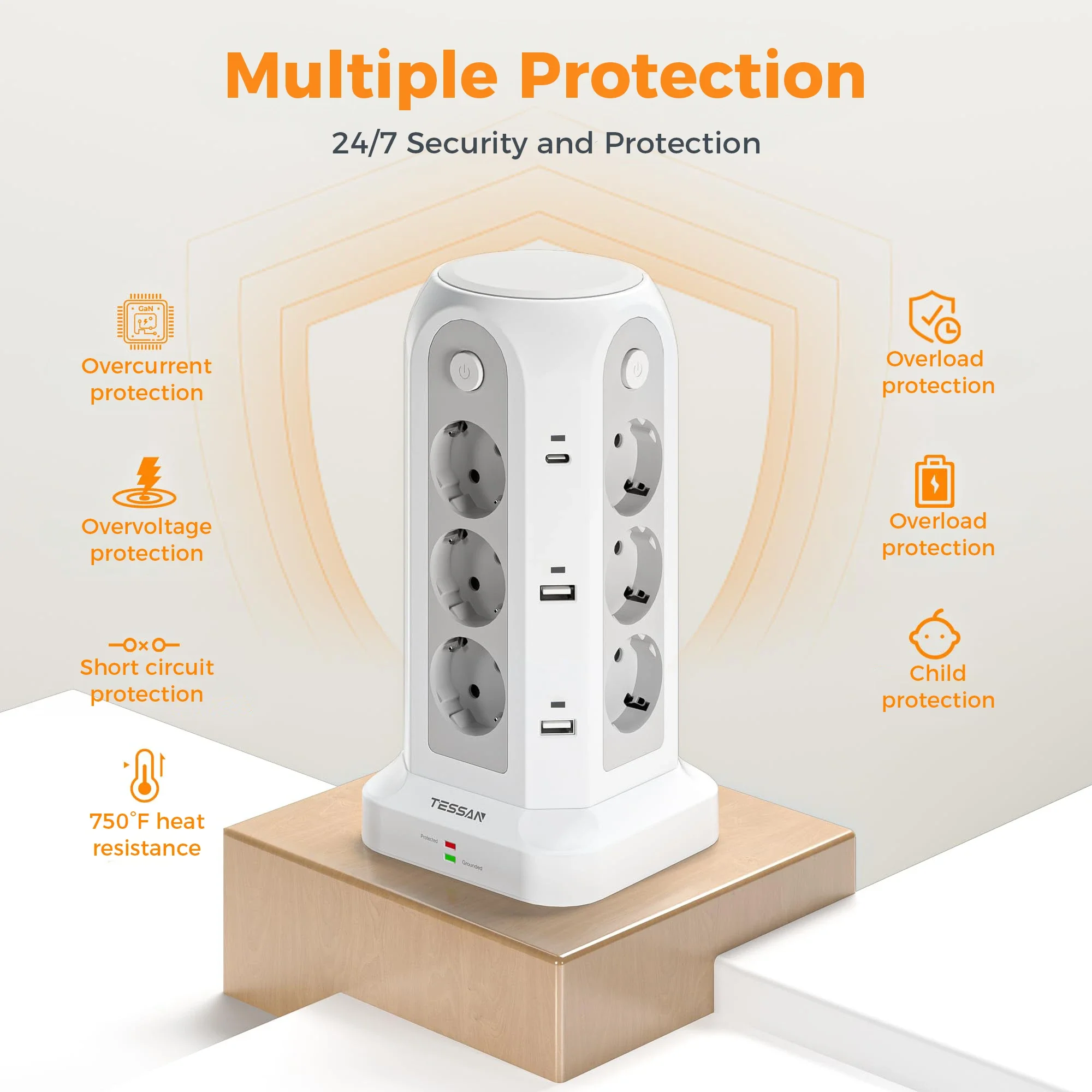 TESSAN Tomada elétrica de proteção contra surtos de torre múltipla com 12 AC 6 USB 4 interruptores únicos 5M 2M cabo de extensão