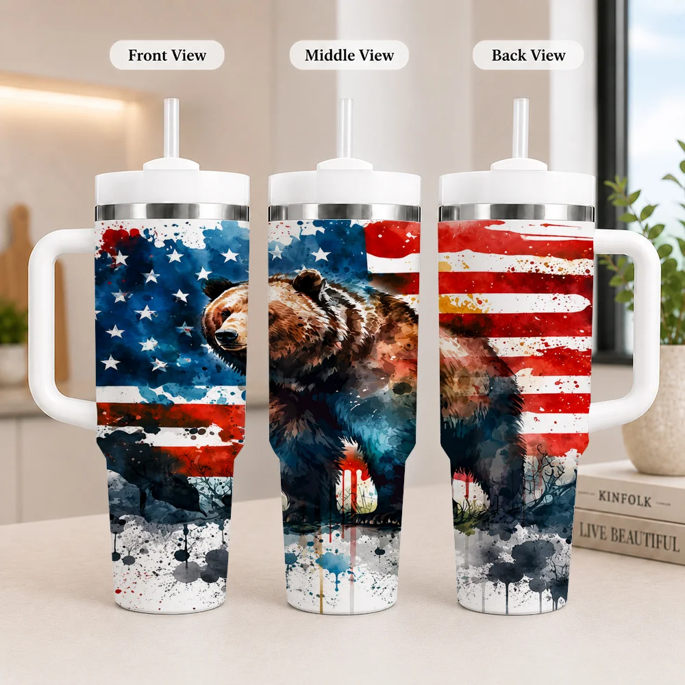 Patriotic USA Classic Americana Style Vacuum Flasks 40oz Leakproof Steel Tumbler w/ Lid Straw Handle Hot Cold Drinks