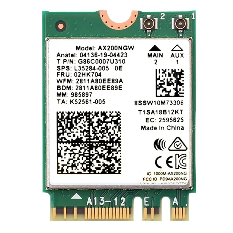 

Сетевая карта A23F-AX200 AX200NGW M.2 NGFF 2.4ГГц/5ГГц Wi-Fi 6 2974 Мбит/с, Wi-Fi адаптер 802.11Ax Bluetooth 5.2