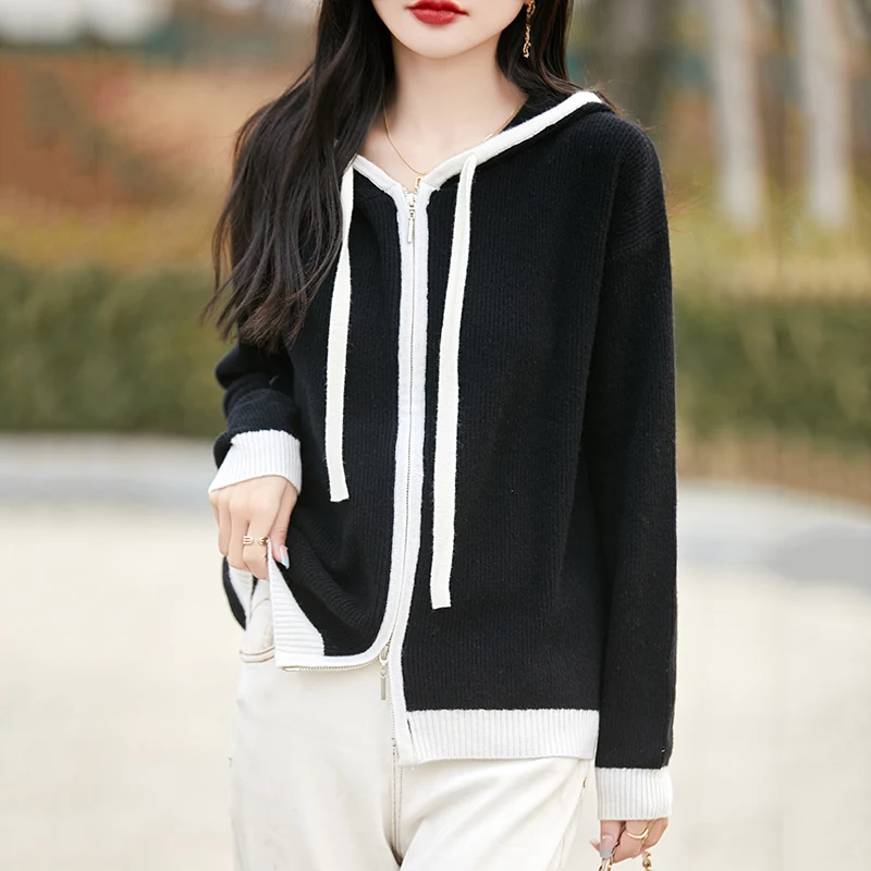 Women Wool Cardigan Korean Style Color Block Small Pure Knitted Zipper Hoodie Spring Autumn New Base Shirt Cardigan for women