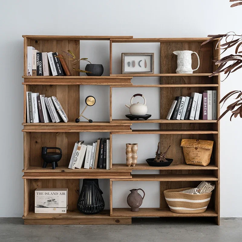 Retro old pine display rack Solid wood multi-layer retractable shelf against the wall for home use