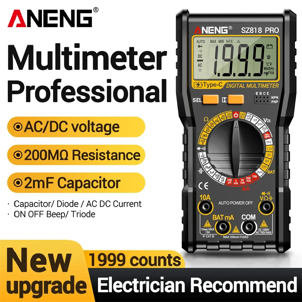 

ANENG Digital Multimeters Rechargeable SZ818 Professional AC/DC Voltage NCV Ammeter Voltmeter hFE triode Capacitor Test Tools