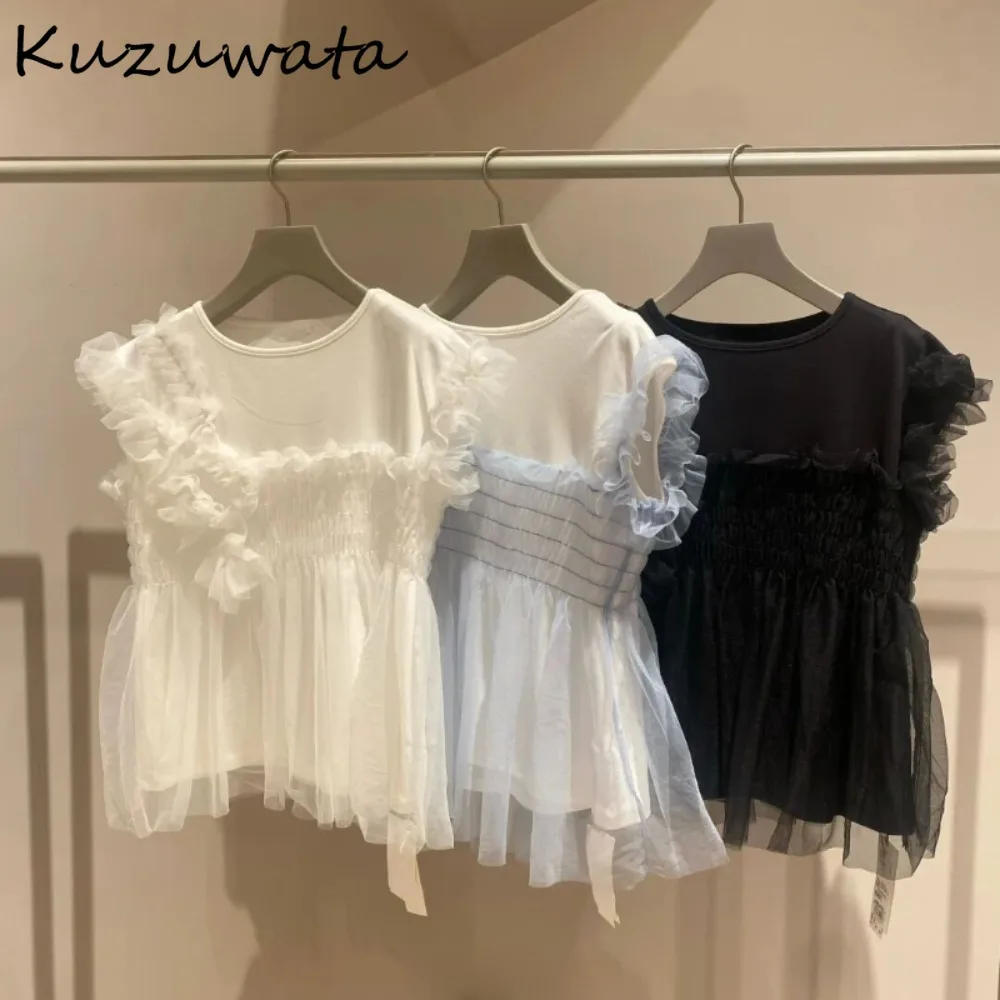 Kuzuwata Sweet O Neck Sleeveless Voile Fresh T-Shirts All-match Elegant Casual Patchwork Tshirt Japan New Spring Moda Fungus Top