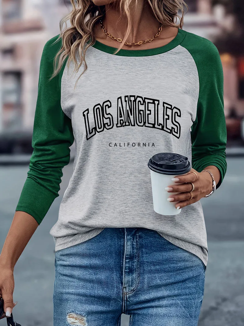Modisches Los Angeles Kalifornien Print Casual Langarm T-Shirt Harajuku Winter Herbst Grafik Hip Hop Locker Sitzendes T-Shirt für Damen – Detail 4