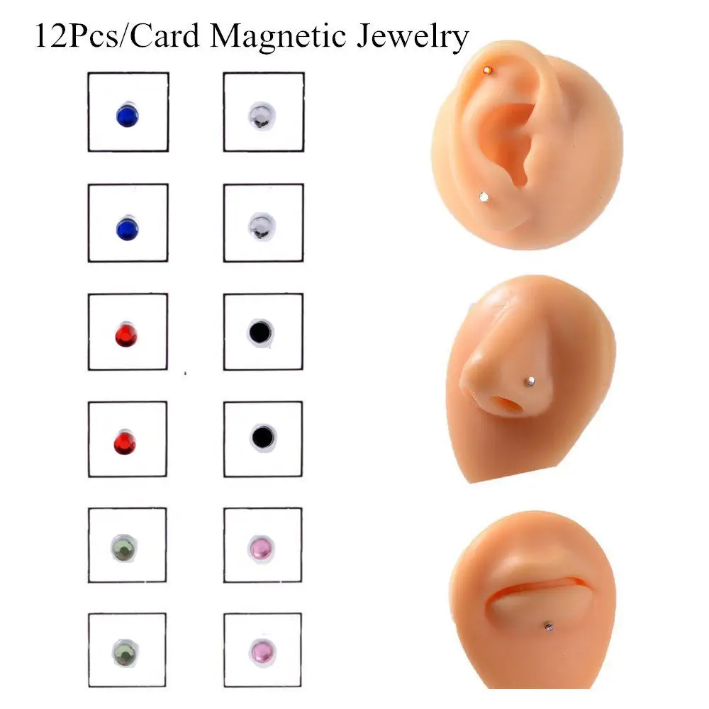 12pcs/Card Jewelry Non Pierced Fake Piercings Magnet Earring Lip Labret Stud Nose Ring Ear Tragus Cartilage Stud