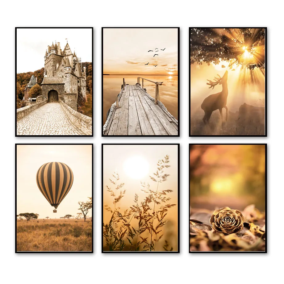 1pc frameless Canvas painting Autumn Deer Castle Fallen Leave Posters Pier Plant Forest Prints Wall Art Pictures Canvas Painting