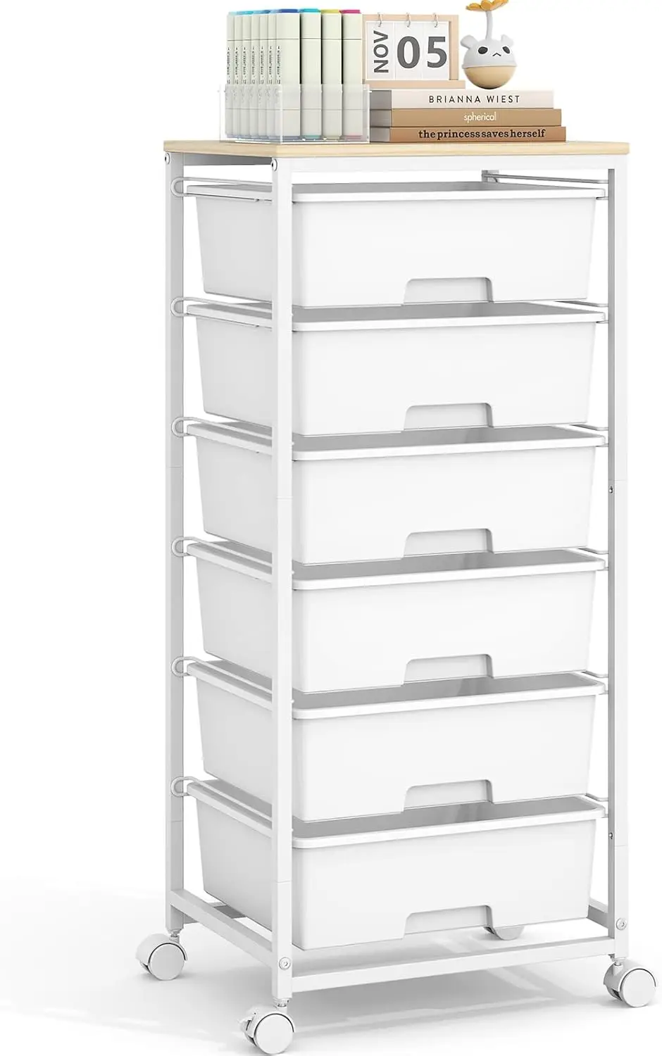

6-Drawer Rolling Cart with Lockable Wheels & Wooden Top for Office, Studio, Craft Organization