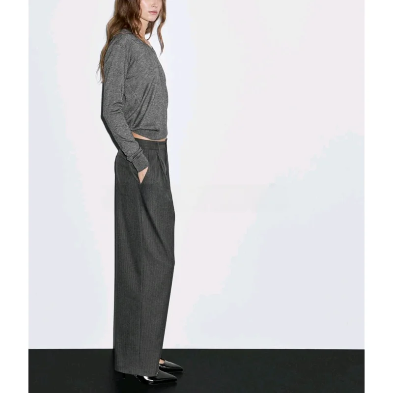 بنطلون واسع الساق مخطط للنساء بأسلوب عملي أنيق، تصميم جديد للخريف، بنطلون رسمي أنيق من ألياف البوليستر #4