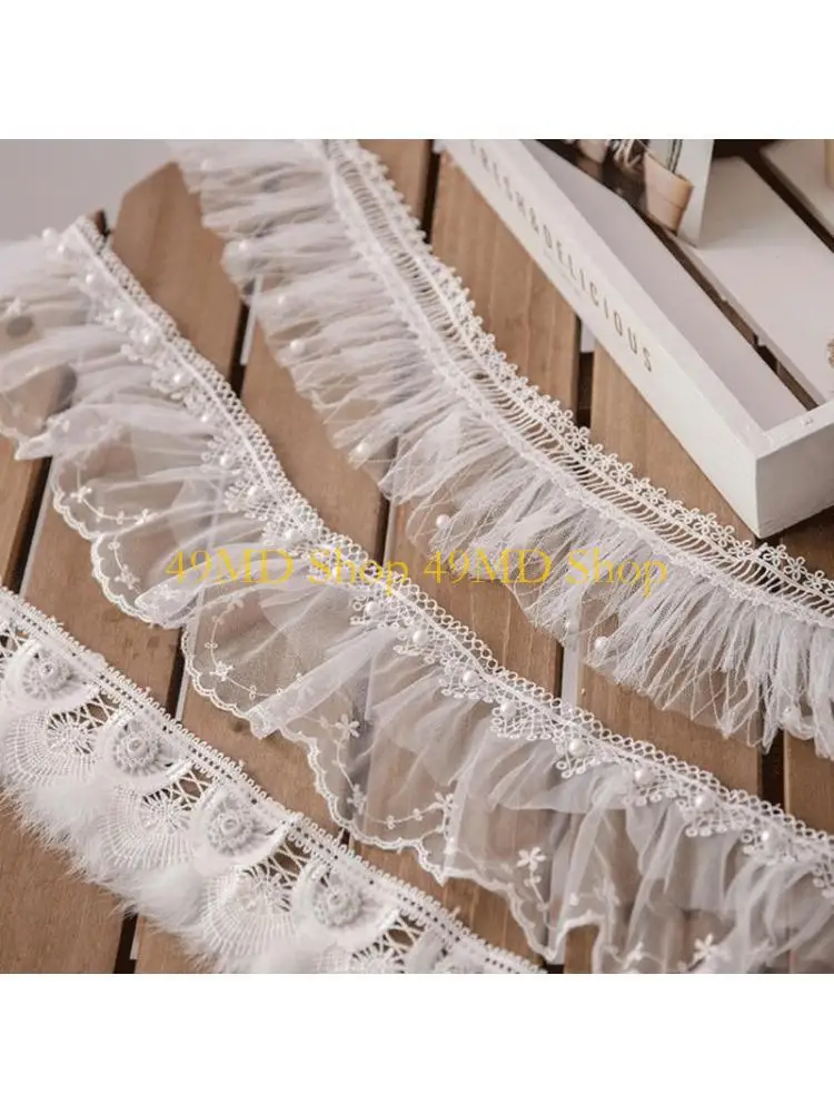 49MD 1 Yard Pleated Mesh Lace Ruffle Trim Ribbon Tassel Faux Pearl Beading Applique Wedding Bridal Dress DIY Sewing Craft