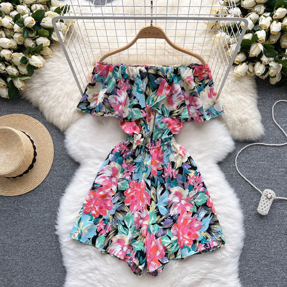 

Elegant Floral Short Jumpsuit Woman 2022 Summer One-Piece Outfits Fashion Ruffled One-Shoulder Playsuit