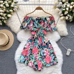 Elegante floral curto macacão mulher 2022 verão roupas de uma peça moda babados um-ombro playsuit