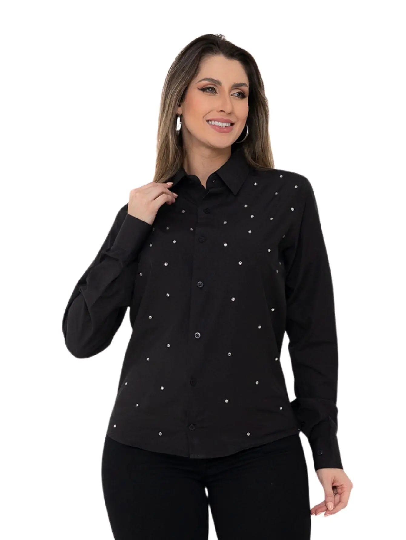 Women's Long Sleeve Slim Long Shirt Black Rhinestone Long Sleeve Elegant Chic No Pocket Shining