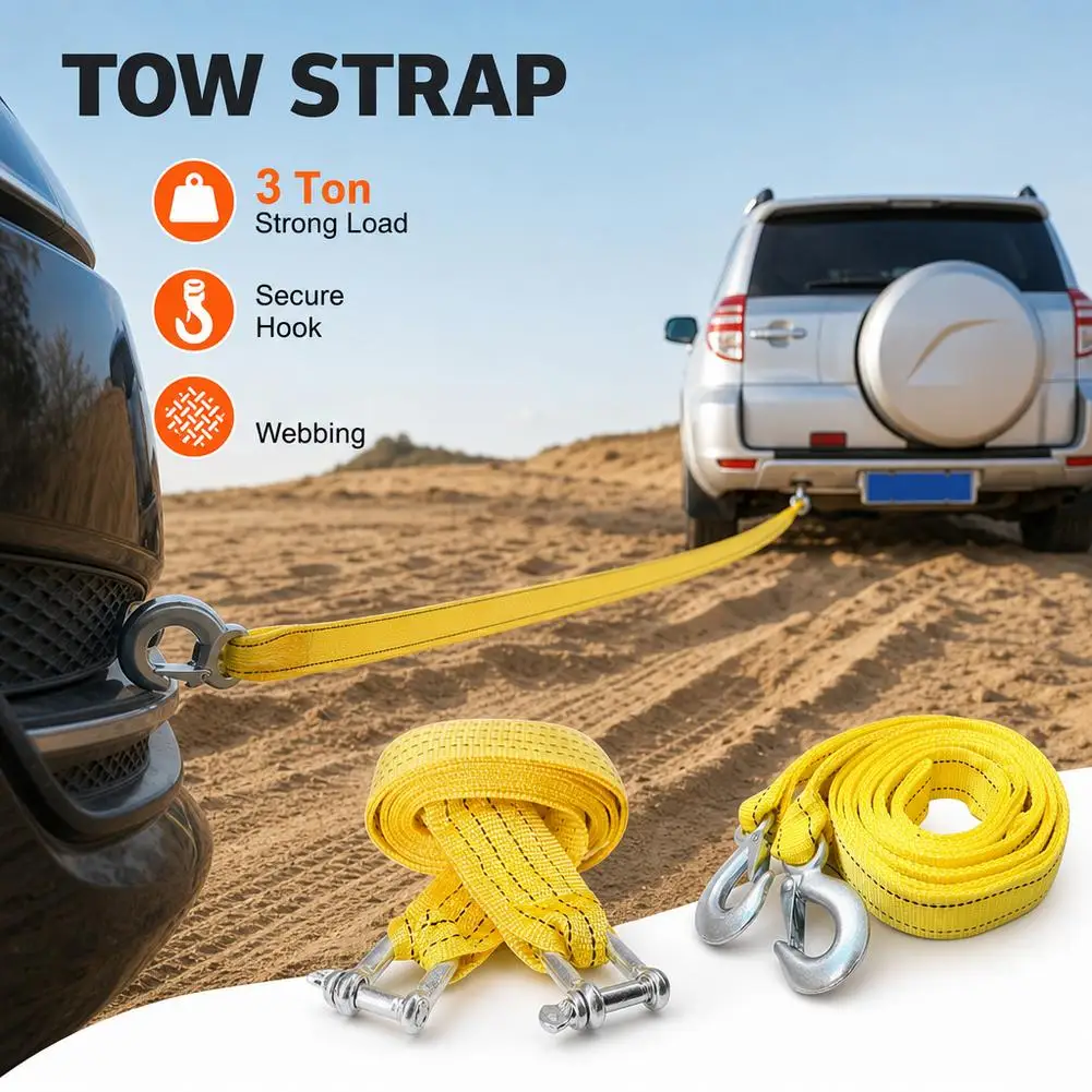 Heavy Duty Car Tow Rope Emergency Recovery Towing Strap With Safety Steel Hooks For SUV Sedan Off Road Vehicle Auto Tools