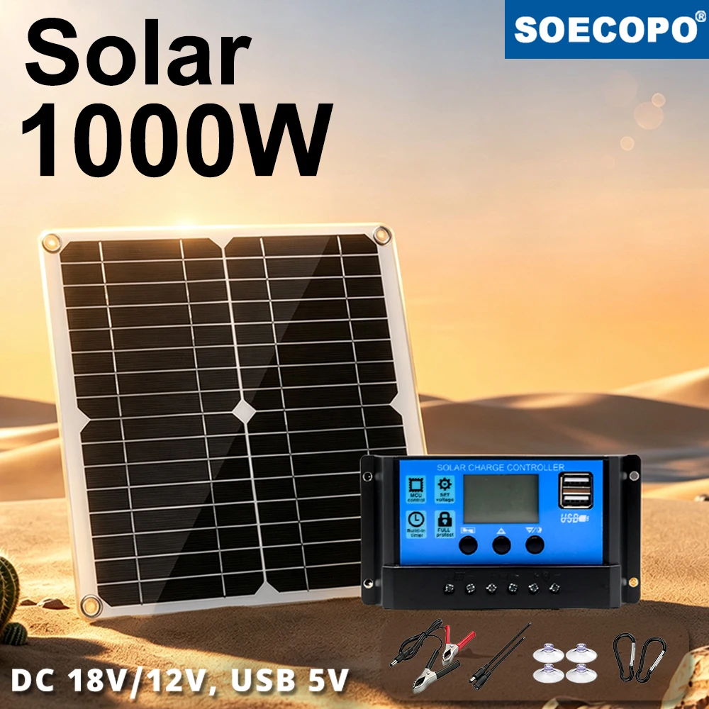 Painel solar de 1000w, célula solar de 12v, controlador de 10a-100a, kit de placa solar para telefone, rv, carro, caravana, casa, camping, bateria externa