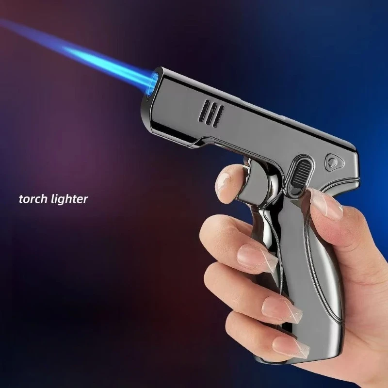Pistol Semprot Logam Tahan Angin Jet Api Biru Pengunci Keamanan Saklar 360 °   Pemantik Api Terbalik untuk Dapur Luar Ruangan dan Pemantik Cerutu