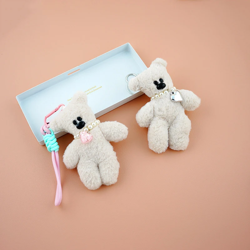 Beige Bear Keychain Plush Doll Toys Pendant Stuffed Key Ring Bag Charms Decorations Couple Friends Kids Gift Animal Pendant