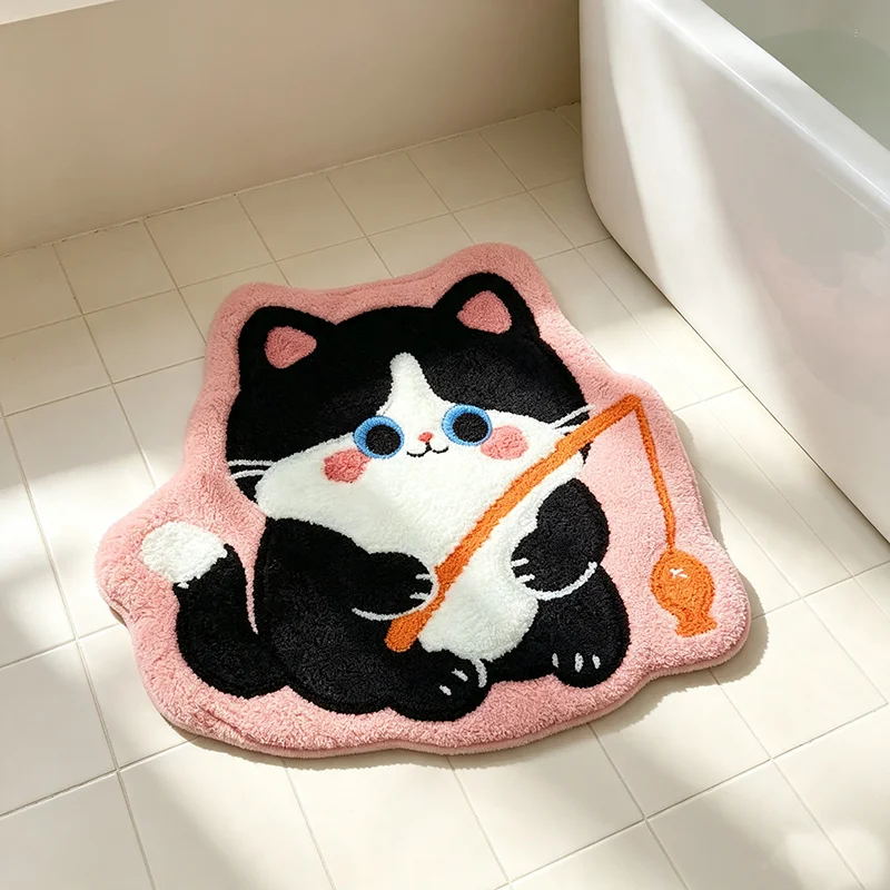 VIKAMA Fishing Cat Shaped Fluffy Bath Mat Cute Tuxedo Kitty Non Slip Water Absorbent Cream Girls Bedroom Bathroom Decor Rug